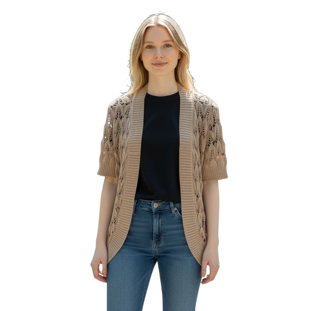 Basic Editions Tan Pointelle Crochet Short Sleeve Open‎ Front Cardigan Womens M